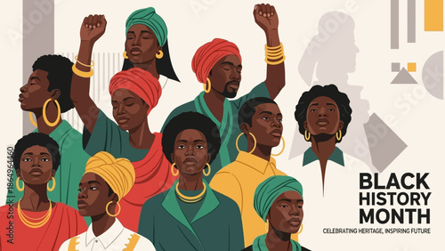 Black history month image depicting group of african women and men raising fists honoring heritage and inspiring future generations through cultural pride and strong visual representation