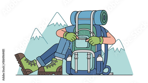 Relaxing Hiker Packing Backpack In Front Of Mountain View Scenery Illustration