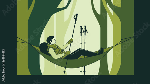 Relaxing Hiker Enjoying Hammock Time Between Trees In The Forest At Camping Trip