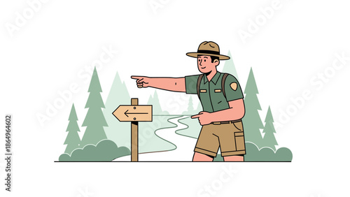 Ranger Directing Hikers Along Nature Trail With Signpost In Forest Landscape