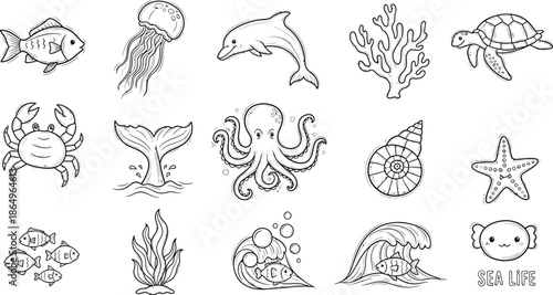 Icon Set Features Various Sea Life Creatures and Ocean Elements