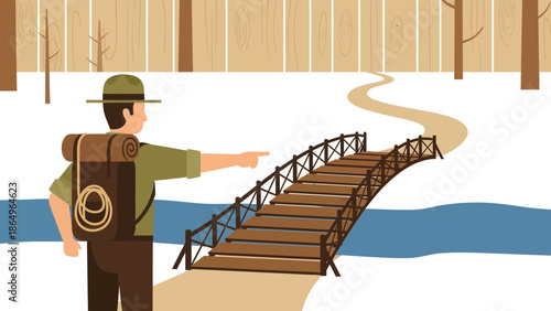 Ranger Directing Hikers Towards Scenic Wilderness Trails With Suspension Bridge