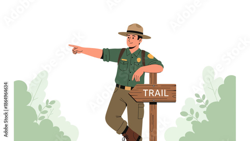 Ranger Directing Hikers Along The Right Trail In The Forest Nature