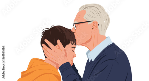 Tender moment between a loving grandfather kissing his grandson on the forehead, illustrating family bonds, love, and affection.