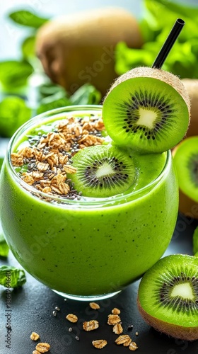 Vibrant Green Kiwi Smoothie with Granola and Chia Seeds