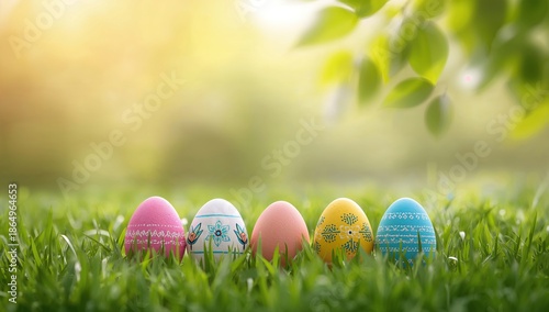 Colorful Easter Eggs Lined up on Green Grass With Sunlight Shining in Background