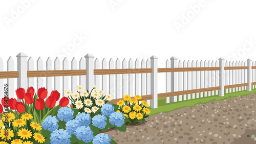 Beautiful garden scene featuring a classic white picket fence lining a gravel path, with an abundance of colorful spring flowers in full bloom.