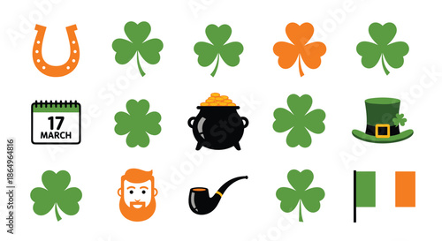Collection of traditional St. Patrick's Day icons, including shamrocks, a pot of gold, leprechaun, and the Irish flag.