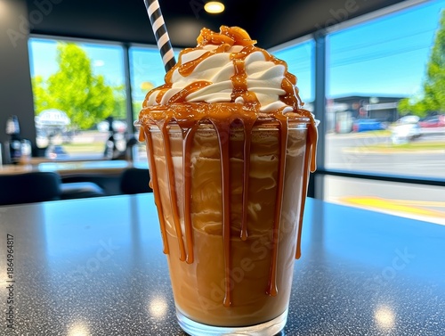 Iced Caramel Frappe with Whipped Cream and Drizzle in a Cafe