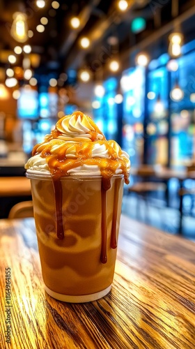 Decadent Caramel Frappe with Whipped Cream and Sauce in Warm Cafe Setting