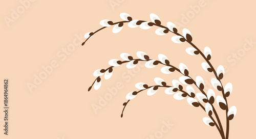 Delicate illustration of pussy willow branches on a soft peach background, symbolizing the arrival of spring and Easter celebrations.