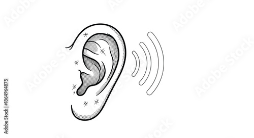 Hand-drawn illustration of a human ear with sound waves, representing hearing, listening, sound, and communication concepts.