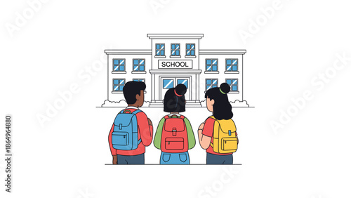Three diverse school children with colorful backpacks standing with their backs to the viewer, looking at a traditional school building.