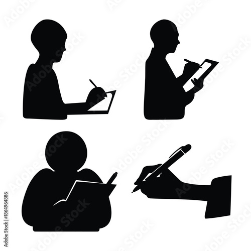 Collection of silhouettes illustrating various individuals engaged in writing and note-taking