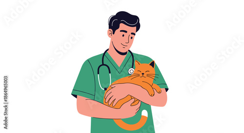 Friendly male veterinarian in green scrubs holding a happy ginger cat, representing animal care, pet health, and veterinary services.