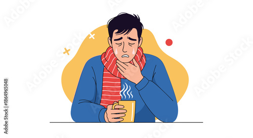 Sick man with a sore throat wearing a scarf and holding a hot mug of tea, illustrating symptoms of a cold, flu, or tonsillitis.