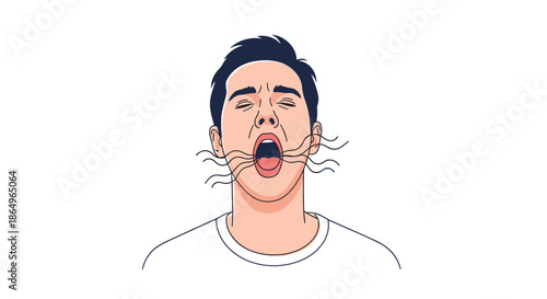 Illustration of a man with his mouth open showing wavy lines coming out, representing bad breath, halitosis, or a dental hygiene problem.
