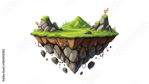 Fantasy floating island featuring lush green grass, rugged rocks, and small budding plants, suspended in a mystical, whimsical setting.