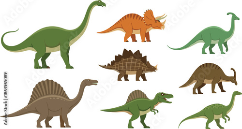 Dinosaur character collection featuring flat vector designs of various prehistoric species including brachiosaurus triceratops stegosaurus and spinosaurus for educational nature and design.