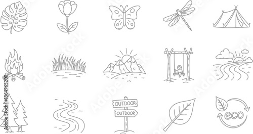 Outdoor camping icons with nature elements and eco signs illustrated