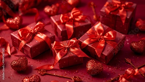 Gifts Arranged on a Table for a Celebration With Red Colors and Decorations