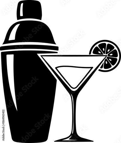Cocktail Shaker and Martini Glass with Lime silhouette vector illustration