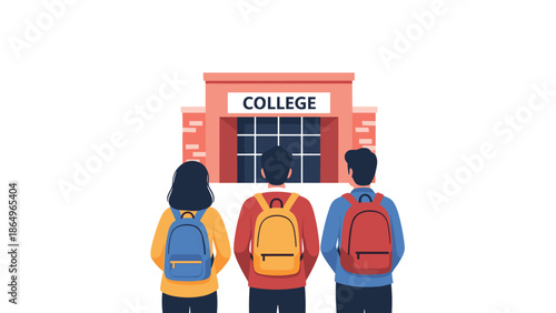 Three diverse college students with colorful backpacks standing with their backs to the viewer, looking at a classic college building.