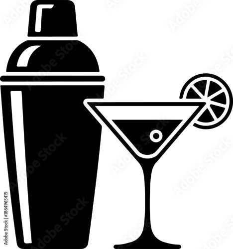 Cocktail Shaker and Martini Glass with Lime silhouette vector illustration