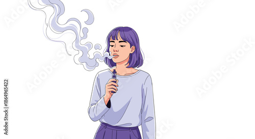Young woman with purple hair exhaling a large cloud of vapor from an electronic cigarette, illustrating the act of vaping.