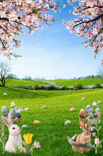 Bunnies and Colored Eggs Among Flowers in a Bright Green Field in Spring