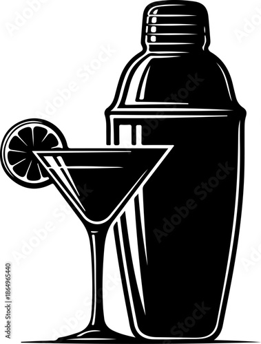 Cocktail Shaker and Martini Glass with Lime silhouette vector illustration