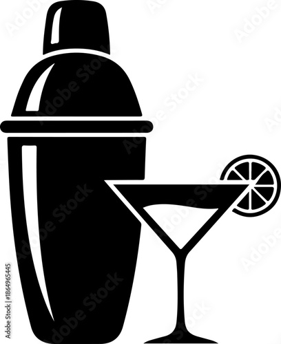 Cocktail Shaker and Martini Glass with Lime silhouette vector illustration