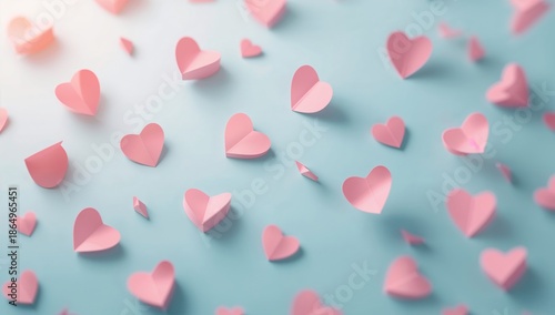 Colorful Paper Hearts Scattered on a Blue Background With Light Shining From ...