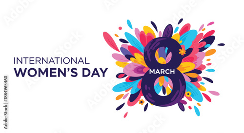 Vibrant and festive banner for International Women's Day on March 8, featuring colorful abstract floral shapes and bold typography.