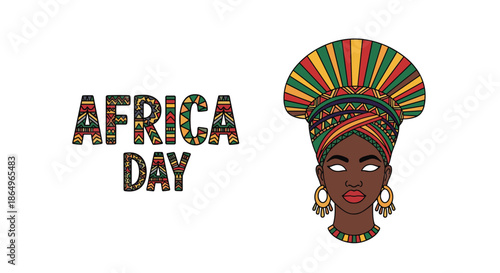 Africa Day celebration banner featuring patterned text and the portrait of a beautiful African woman in a traditional colorful headwrap.