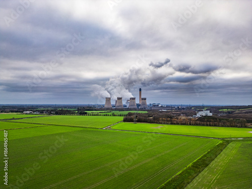 Aerial view of Drax Power Station in North Yorkshire, England, showing the large-scale energy facility and surrounding landscape, UK power infrastructure, energy production and environment