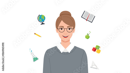 Enthusiastic female teacher with glasses smiling brightly, surrounded by a vibrant array of floating educational icons representing various subjects.