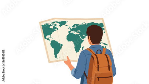 Adventurous male traveler with a brown backpack standing with his back to the viewer, intently examining a large world map.