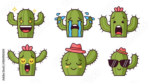 Set of six cartoon cacti with different emotions and accessories Page
