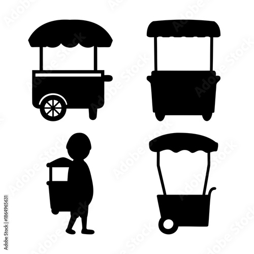 Set of black silhouette market stalls and food carts for street vendor concepts
