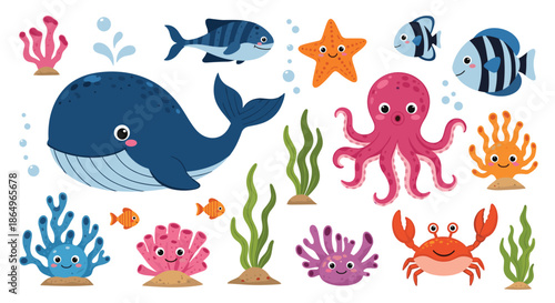 Cute collection of cartoon sea animals and underwater plants, including a whale, octopus, crab, and colorful coral and seaweed.