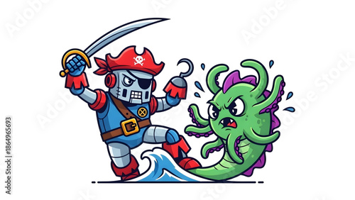 Robot pirate battles green sea monster with sword in hand fiercely