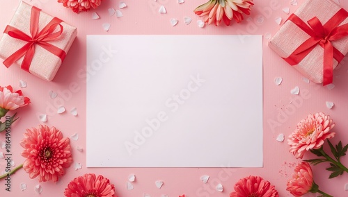 Flowers, Gifts, and Blank Card on Pink Background for Special Occasion Celebr...