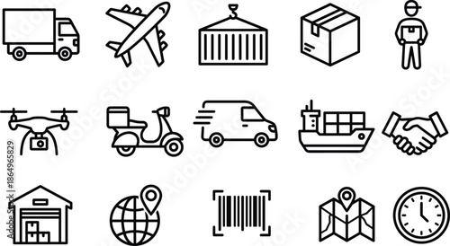   
Black and white icons set for logistics, delivery, shipping, transportation, courier service, global supply chain and distribution