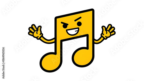 Energetic yellow music note character with a mischievous smile and open hands isolated on white background, Vector