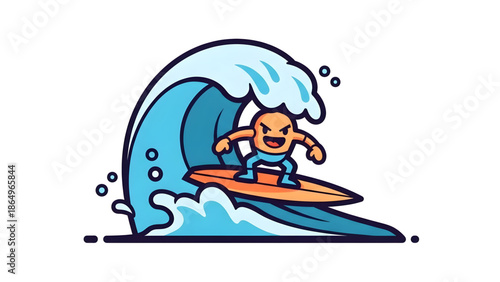 A determined orange cartoon character joyfully surfing a powerful blue ocean wave isolated on white background, Vector