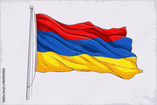 Hand drawn waving Armenia national flag illustration with horizontal red, blue, orange tricolour stripes, highland struggle peace symbol