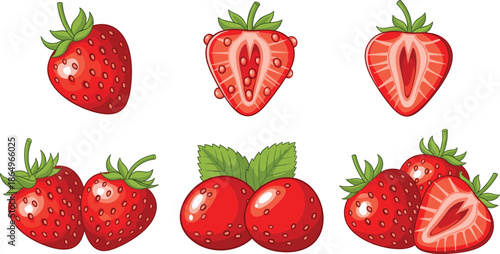 Fresh strawberry collection featuring whole red berries with green leaves and sliced halves showing internal texture for organic fruit and food vector.