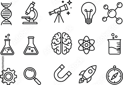   
Black and white icons set for science, research, biology, chemistry, physics, innovation, astronomy, engineering and scientific education