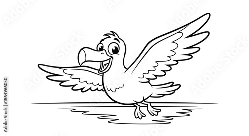 Cartoon Pelican Flying Over Water with Megaphone